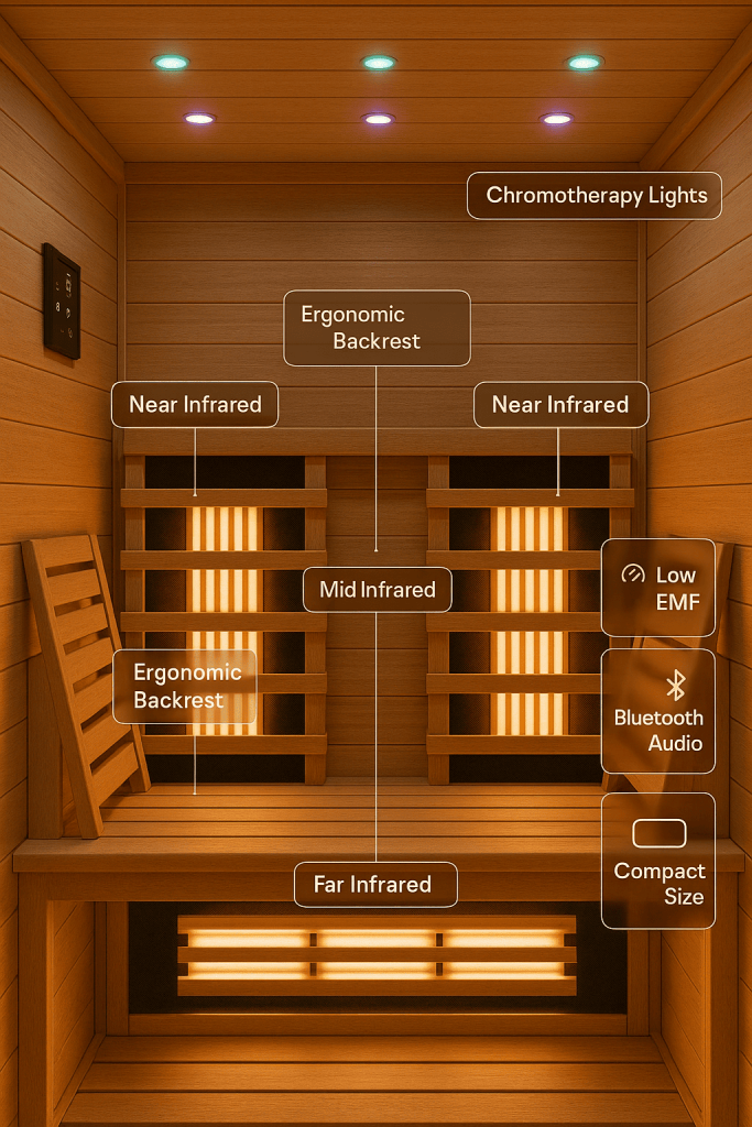  Interior view of a 2-person infrared sauna with full spectrum heating panels and ergonomic wellness features – 2-Person Infrared Sauna: Best Full Spectrum Saunas for Compact Home Wellness