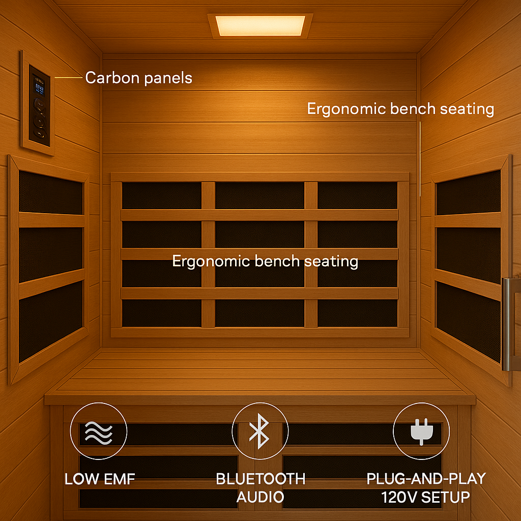 Interior view of the Dynamic Bellagio infrared sauna showing carbon panel layout, digital controls, and chromotherapy system – Dynamic Bellagio 3-Person Infrared Sauna Review: Is It Worth the Investment?