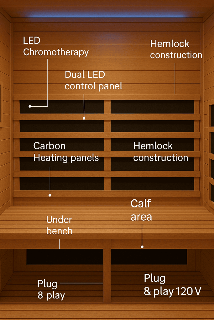 Interior layout of the Golden Designs GDI-8020-03 sauna showing carbon panel placement and wellness features – Golden Designs GDI-8020-03 2-Person Infrared Sauna Review