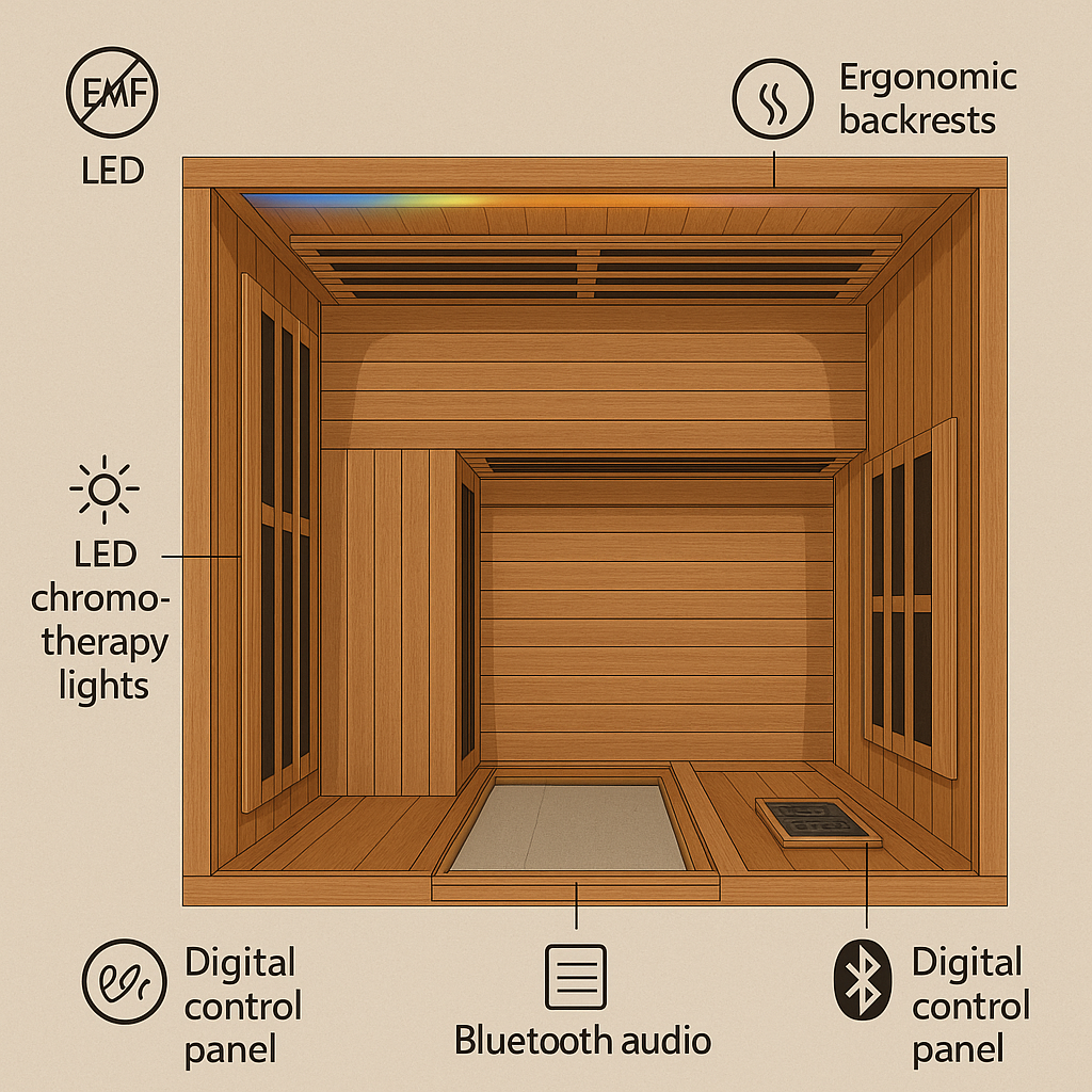 Top-down view of a 4-person infrared sauna layout highlighting comfort features and full-spectrum panel placement – 4-Person Infrared Sauna: The Best Models for Group Wellness at Home