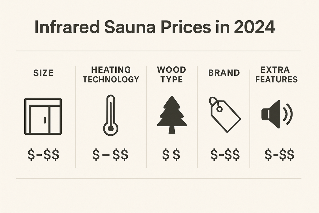 Infographic showing major cost factors for infrared saunas including size, heating type, wood quality, and brand – Infrared Sauna Cost: What You Can Expect to Pay