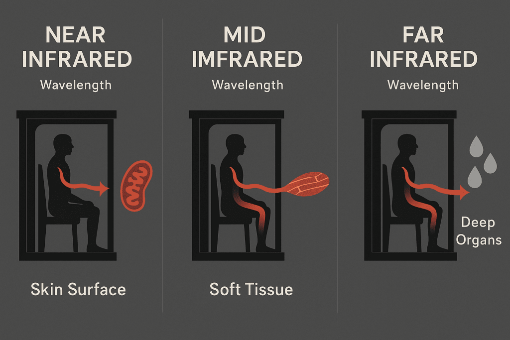 Infographic showing near, mid, and far infrared wavelength penetration in the body within a sauna setting – Full Spectrum Infrared Sauna: The Best Models for Home Use