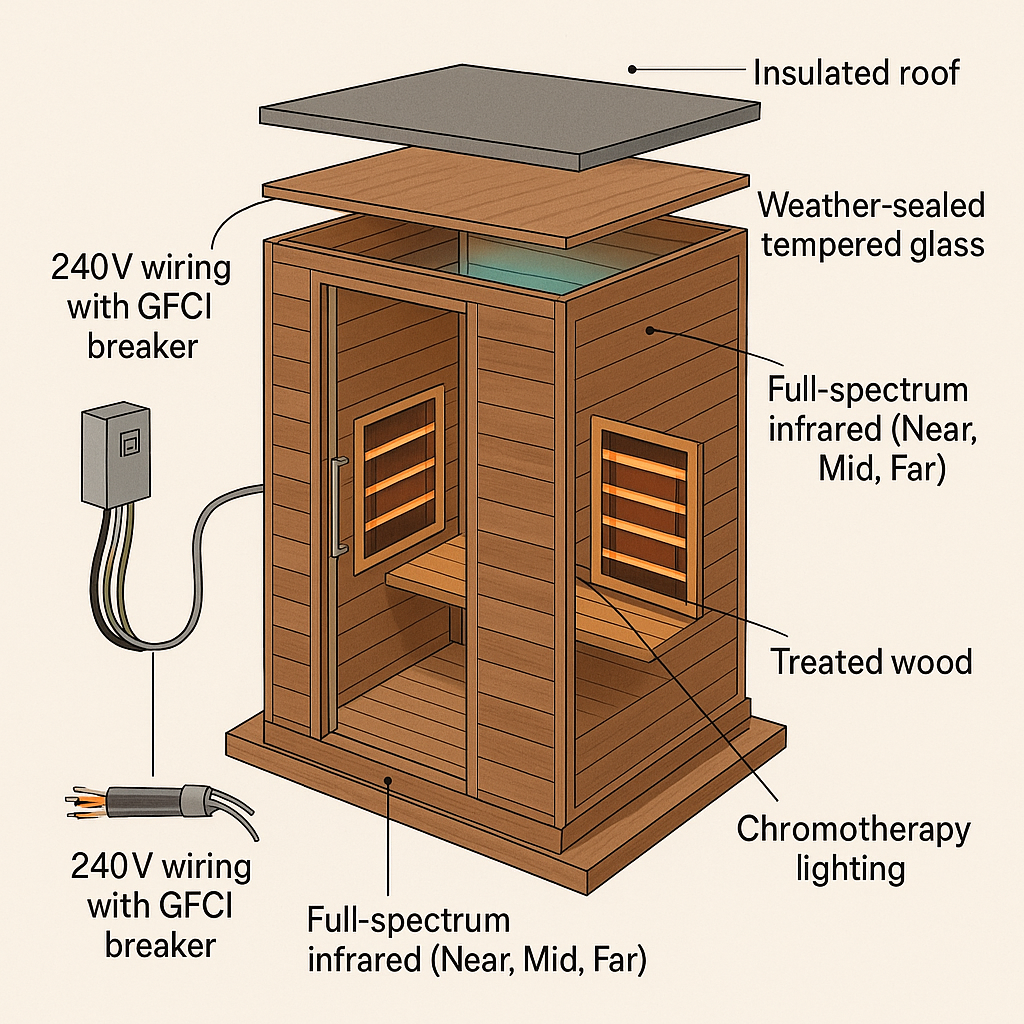 Diagram showing weatherproofing, full-spectrum heaters, and electrical setup of an outdoor infrared sauna  What You Need to Know Before Buying an Outdoor Infrared Sauna