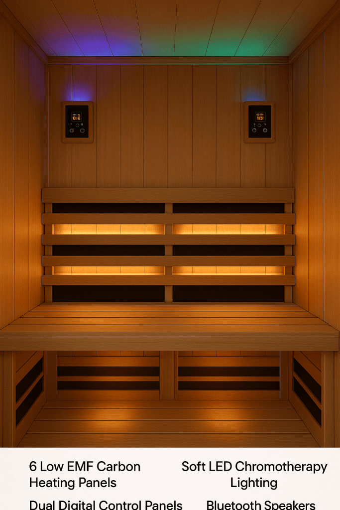 Interior view of the Venice Elite infrared sauna showing low EMF panel layout, chromotherapy lighting, and Bluetooth speaker system – Dynamic Saunas Venice Elite 2-Person Infrared Sauna Review